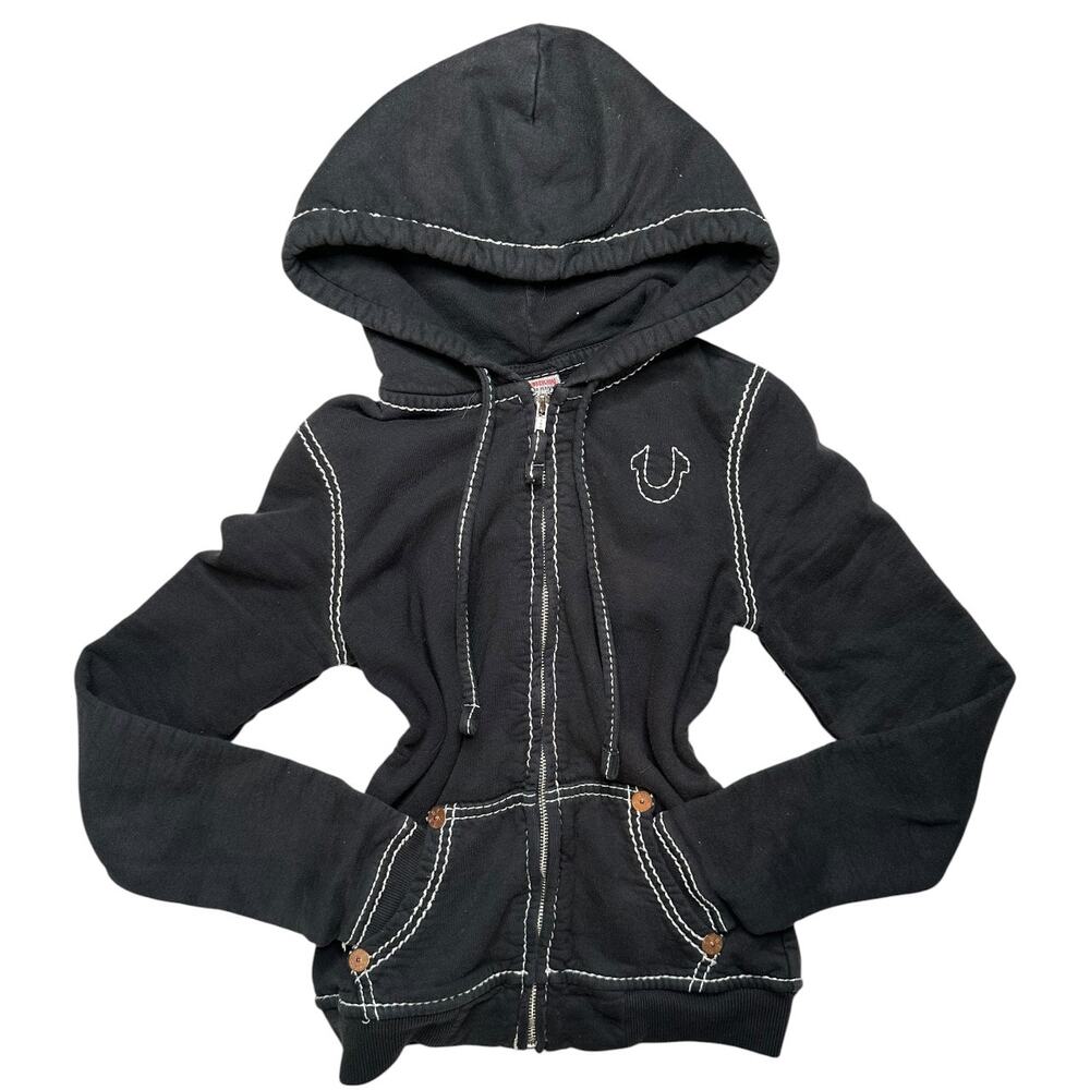 Vintage Y2K True Religion Contrast Stitch Zip Hoodie Black XS